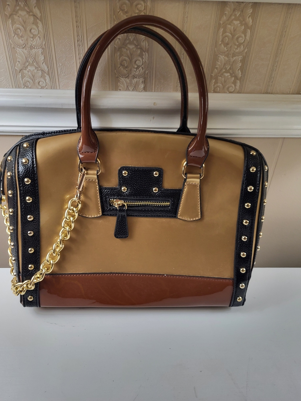 Women's Tan, Brown & Black Structured Shoulder Bag with Gold Chain